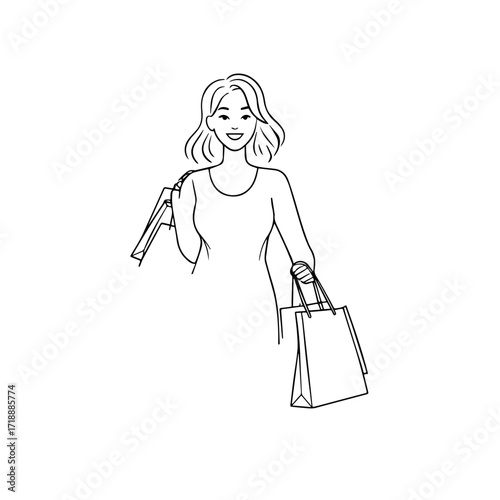 Black and white line art of a beautiful happy woman carrying shopping bags minimalist cheerful illustration