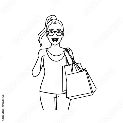 Black and white line art of a beautiful happy woman carrying shopping bags minimalist cheerful illustration