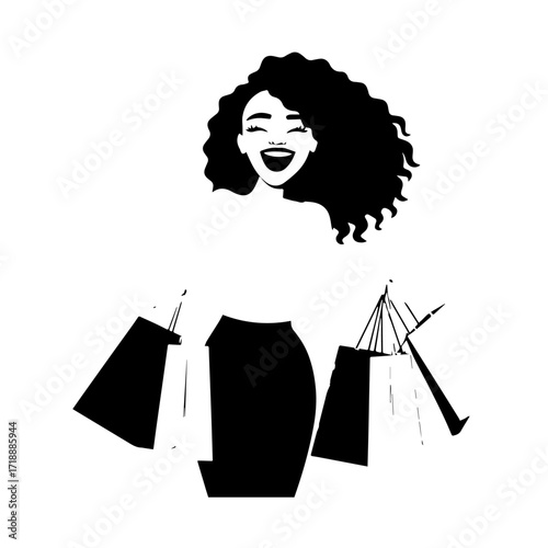 Black and white line art of a beautiful happy woman carrying shopping bags minimalist cheerful illustration