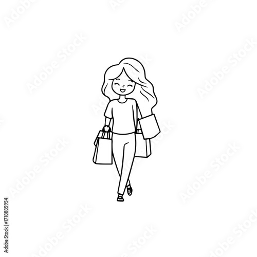 Black and white line art of a beautiful happy woman carrying shopping bags minimalist cheerful illustration