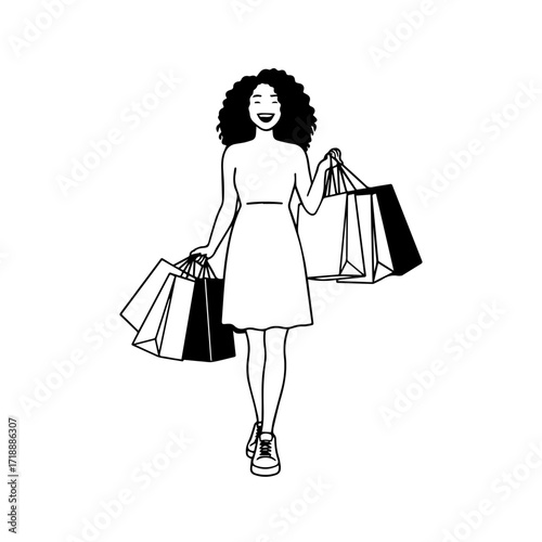Black and white line art of a beautiful happy woman carrying shopping bags minimalist cheerful illustration