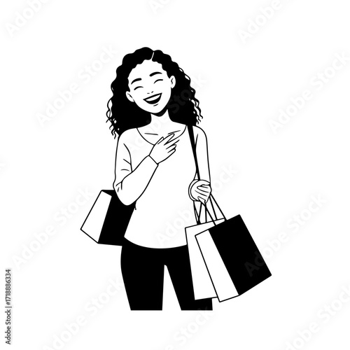 Black and white line art of a beautiful happy woman carrying shopping bags minimalist cheerful illustration