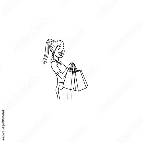 Black and white line art of a beautiful happy woman carrying shopping bags minimalist cheerful illustration