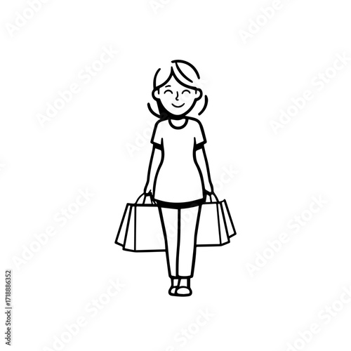 Black and white line art of a beautiful happy woman carrying shopping bags minimalist cheerful illustration