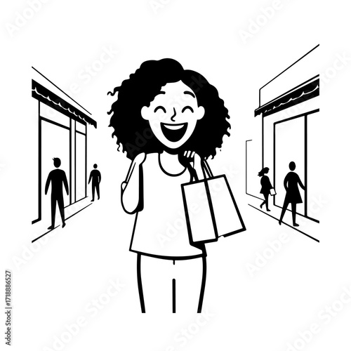 Black and white line art of a beautiful happy woman carrying shopping bags minimalist cheerful illustration