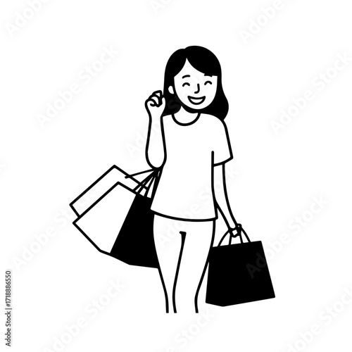 Black and white line art of a beautiful happy woman carrying shopping bags minimalist cheerful illustration