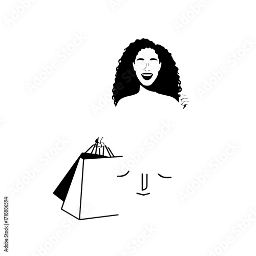 Black and white line art of a beautiful happy woman carrying shopping bags minimalist cheerful illustration