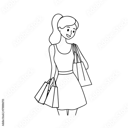 Black and white line art of a beautiful happy woman carrying shopping bags minimalist cheerful illustration
