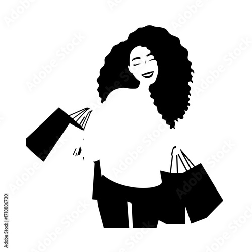 Black and white line art of a beautiful happy woman carrying shopping bags minimalist cheerful illustration