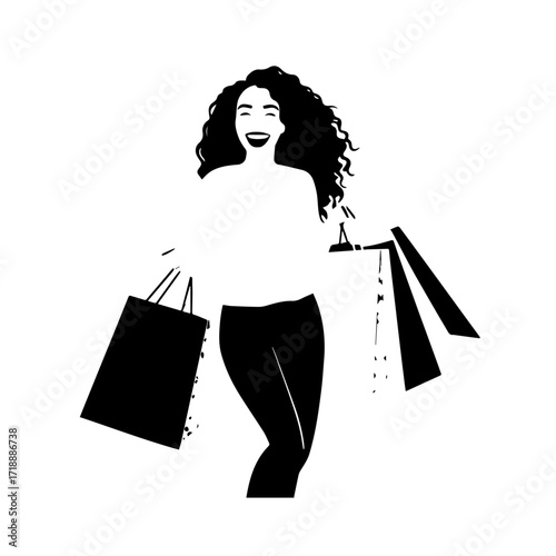 Black and white line art of a beautiful happy woman carrying shopping bags minimalist cheerful illustration