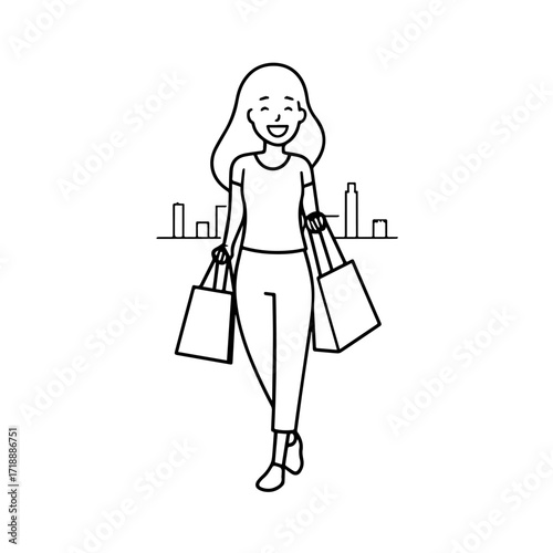Black and white line art of a beautiful happy woman carrying shopping bags minimalist cheerful illustration