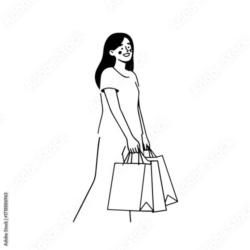 Black and white line art of a beautiful happy woman carrying shopping bags minimalist cheerful illustration