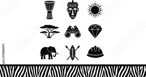 African safari elements black and white vector illustration