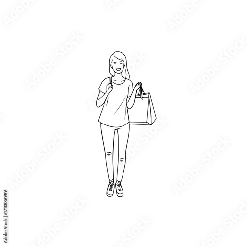 Black and white line art of a beautiful happy woman carrying shopping bags minimalist cheerful illustration