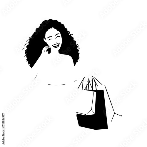 Black and white line art of a beautiful happy woman carrying shopping bags minimalist cheerful illustration