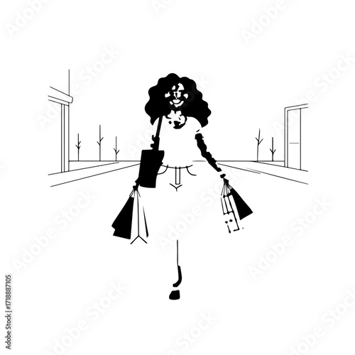 Black and white line art of a beautiful happy woman carrying shopping bags minimalist cheerful illustration