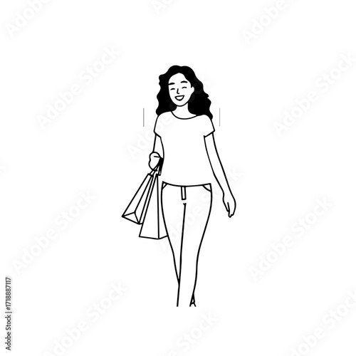 Black and white line art of a beautiful happy woman carrying shopping bags minimalist cheerful illustration
