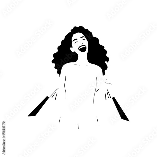 Black and white line art of a beautiful happy woman carrying shopping bags minimalist cheerful illustration
