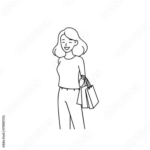 Black and white line art of a beautiful happy woman carrying shopping bags minimalist cheerful illustration