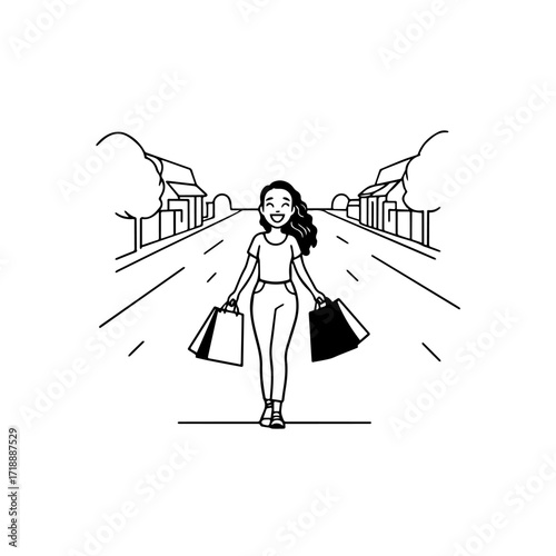 Black and white line art of a beautiful happy woman carrying shopping bags minimalist cheerful illustration
