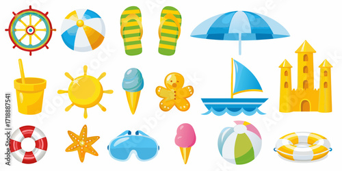 Collection of colorful beach and summer vacation icons and symbols