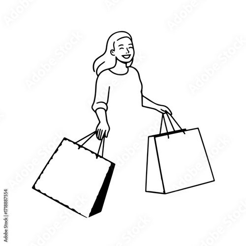 Black and white line art of a beautiful happy woman carrying shopping bags minimalist cheerful illustration