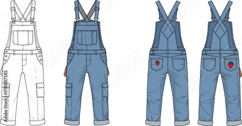 Digital fashion illustration, technical flat sketch, overalls front and back view, garment design drawing, clothing template, apparel construction, pocket detail, workwear style, vector art, CAD