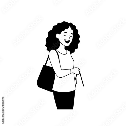 Black and white line art of a beautiful happy woman carrying shopping bags minimalist cheerful illustration