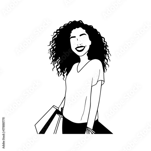 Black and white line art of a beautiful happy woman carrying shopping bags minimalist cheerful illustration