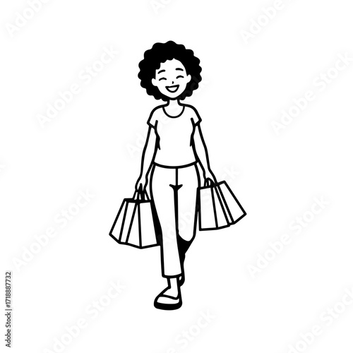 Black and white line art of a beautiful happy woman carrying shopping bags minimalist cheerful illustration