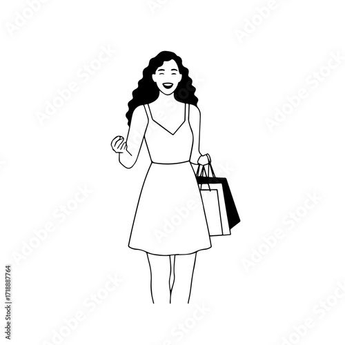 Black and white line art of a beautiful happy woman carrying shopping bags minimalist cheerful illustration