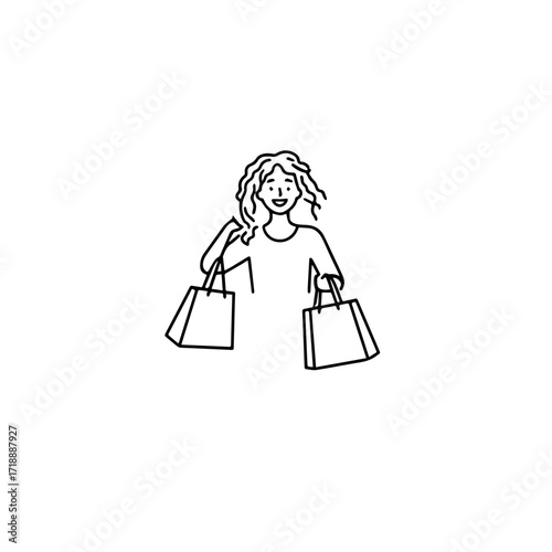 Black and white line art of a beautiful happy woman carrying shopping bags minimalist cheerful illustration
