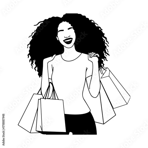 Black and white line art of a beautiful happy woman carrying shopping bags minimalist cheerful illustration