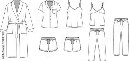 Women sleepwear fashion illustration, loungewear technical drawing, pajama set design, camisole top, bathrobe sketch, shorts and pants, nightwear collection, apparel flat sketch