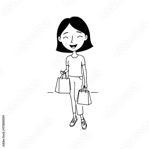 Black and white line art of a beautiful happy woman carrying shopping bags minimalist cheerful illustration