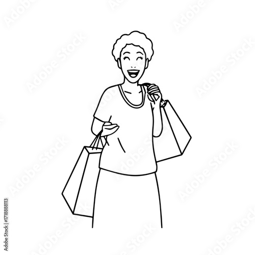Black and white line art of a beautiful happy woman carrying shopping bags minimalist cheerful illustration