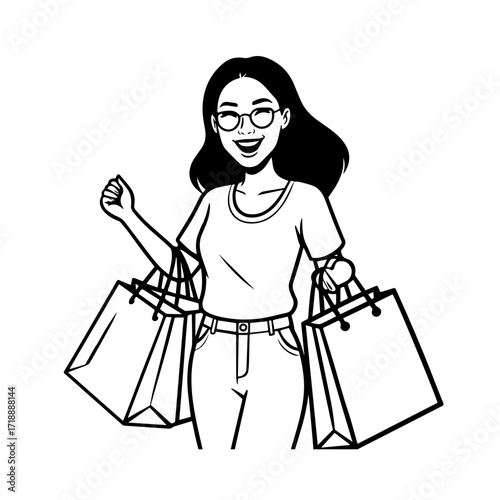 Black and white line art of a beautiful happy woman carrying shopping bags minimalist cheerful illustration