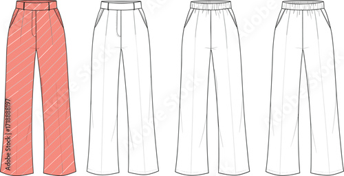 Wide leg pants, fashion technical drawing, garment flat sketch, clothing design illustration, casual lounge trousers, elastic waistband, pocket detail, apparel construction