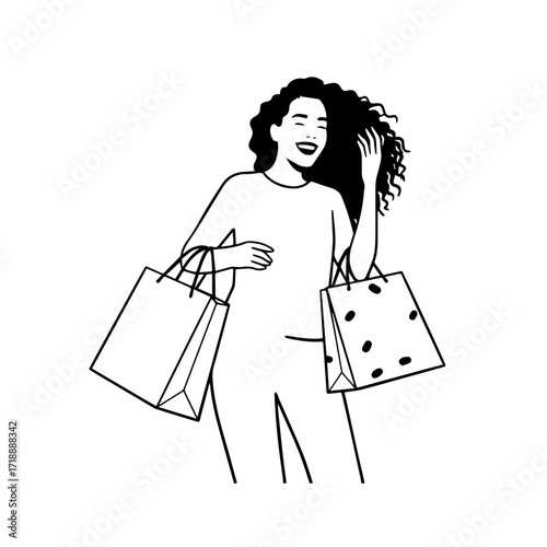 Black and white line art of a beautiful happy woman carrying shopping bags minimalist cheerful illustration