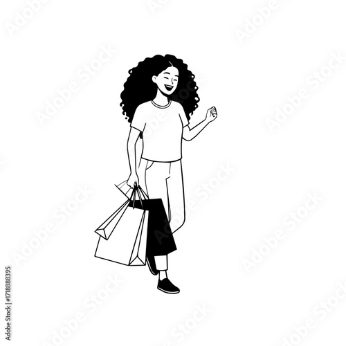 Black and white line art of a beautiful happy woman carrying shopping bags minimalist cheerful illustration