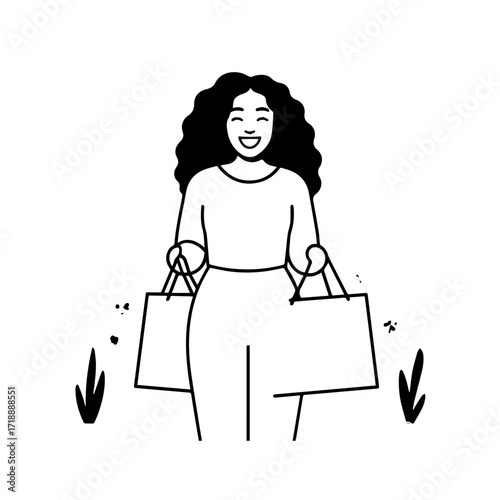 Black and white line art of a beautiful happy woman carrying shopping bags minimalist cheerful illustration