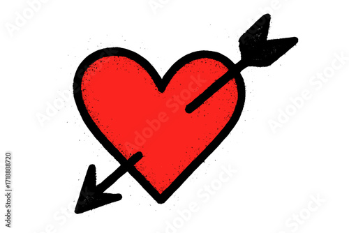 Urban graffiti red heart pierced by arrow vector, textured hand-drawn love symbol, Y2K style Valentine’s Day design, simple cartoon illustration for sublimation print