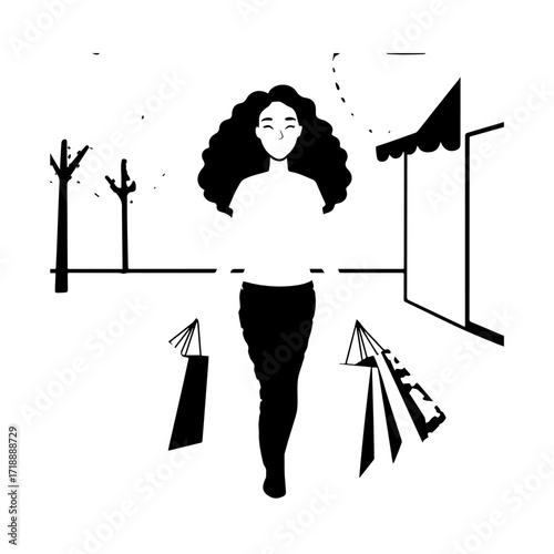 Black and white line art of a beautiful happy woman carrying shopping bags minimalist cheerful illustration