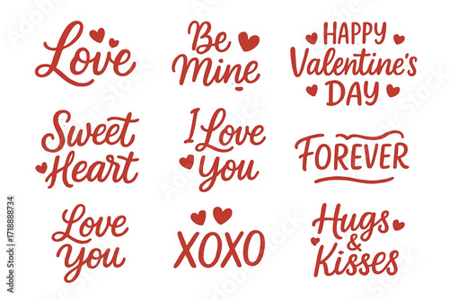 Valentine's Day lettering stickers collection with romantic calligraphic headlines, hearts decoration, love messages, hand-drawn vector illustration, isolated design elements
