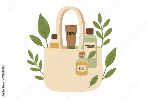 Natural eco bag with organic skincare cosmetics and green plant leaves, zero waste concept, reusable cotton bag filled with cream, toner, oil bottles, flat vector illustration