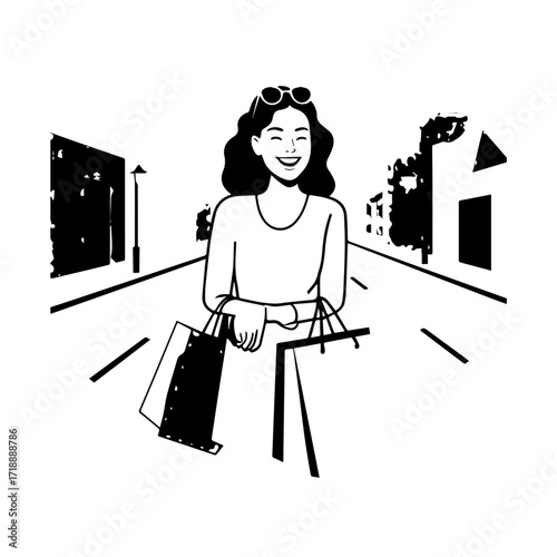 Black and white line art of a beautiful happy woman carrying shopping bags minimalist cheerful illustration