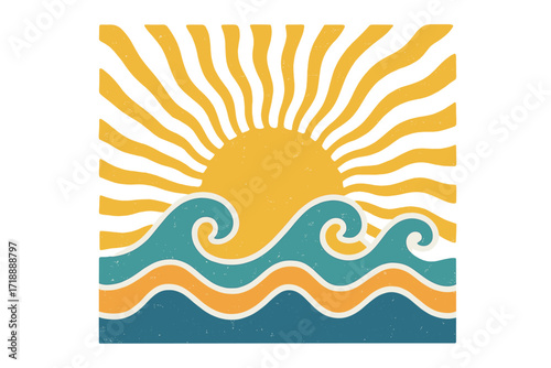 Vintage groovy abstract summer sea waves with wavy sun rays, retro rough texture surf beach print, graphic tee design, t-shirt and poster sticker vector art