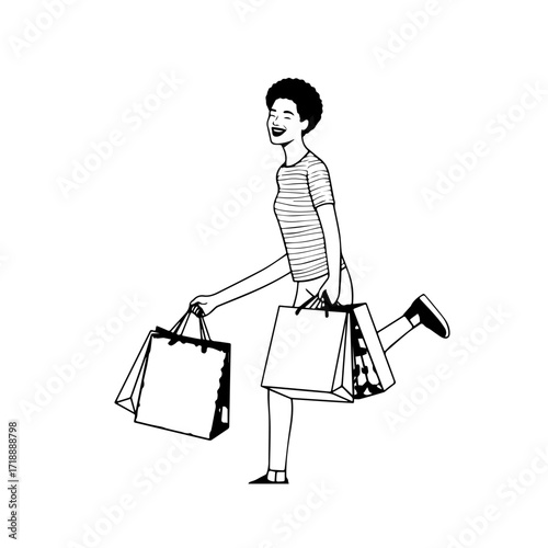 Black and white line art of a beautiful happy woman carrying shopping bags minimalist cheerful illustration