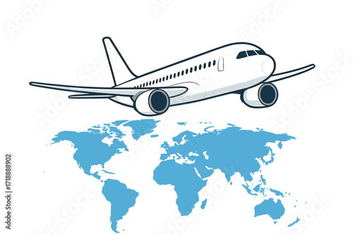 Global travel and tourism concept with airplane flying over world map, vector illustration, international flight, air transportation, worldwide journey, transparent background