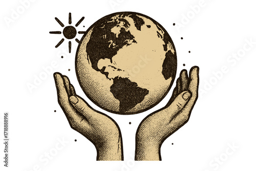 Vintage halftone Earth Day illustration with human hands supporting planet Earth, environmental protection concept, nature care, global sustainability, April 22 celebration